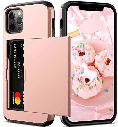 Nvollnoe for iPhone 12/iPhone 12 Pro Case with Card Holder Rose Gold