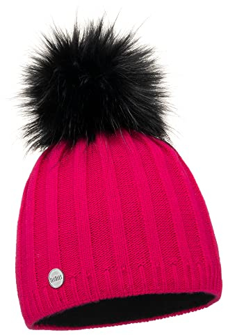 ELIMELI Mütze Damen Winter warme Strickmütze Wollmütze mit Kaschmir Wintermütze mit Kunstfell Bommel Slouch Strick Beanie Damen für Winter Bommelmütze Hergestellt in EU (Amaranth)