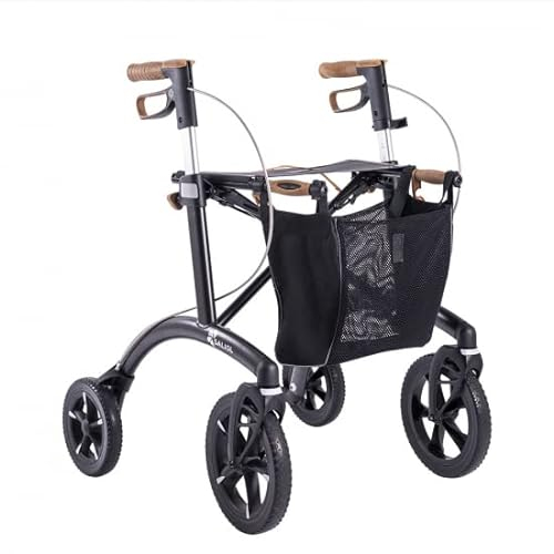 Saljol Allround Alu Rollator, 6,4 kg Leichtgewichtrollator, Sitzhöhe 62 cm, Outdoor Gehhilfe für Stadt und Offroad, Schwarz (Modell 2023)