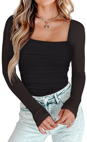 PINKMSTYLE Black Womens Square Neck Long Sleeve Bodysuit Shapewear Top Sexy Date Night,Country Concert Outfit,Going Out Tops