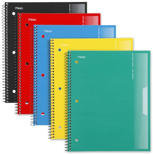 Mead Spiral Notebook, 5 Pack, 1 Subject, College Ruled Paper, Plastic Cover, 8-1/2 x 11, 100 Sheets per Notebook, Assorted Colors (820299-AMZ-TK)