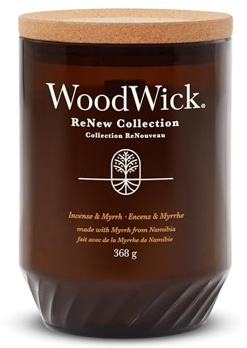 WoodWick ReNew Duftkerze mit knisterndem Docht | Große Kerze in Incense & Myrrh | Pflanzliche Wachsmischung aus Soja &Kokosnuss | Hergestellt aus recycelten Materialien | Perfekte Geschenke für Frauen