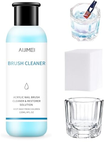 AIJIMEI Brush Cleaner 120ml/8.1FL.OZ,Avec Verre Tasse cotton pads,Acrylic Nail Brush Cleaner pour Nettoyer Maquillage et Brosses à Ongles, Élimine tous les Résidus de Maquillage et Verni