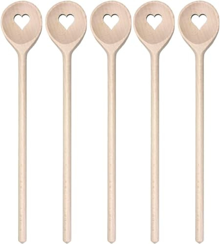 Kochlöffel Herz Holz 5 Stück 30 cm rund, Holzkochlöffel Herzmotiv Herzlöffel Backlöffel Geschenk Kochen Backen Basteln Buche