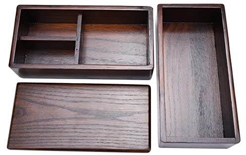 GLOGLOW Caja de Madera, de Madera de Doble Capa con 3 Compartimentos Contenedor de Sushi Portátil Rectángulo Comida Bocadillos Contenedor de Frutas para Oficina Picnic