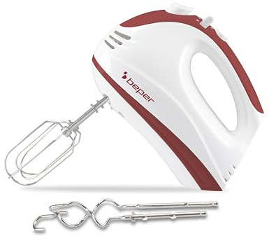 BEPER P102SBA101 Elektrischer Schneebesen 300W, Elektrischer Schneebesen mit 2 Schneebesen, 2 Quirlen, 5 Geschwindigkeiten und Turbofunktion, Ergonomischer Griff, Weiß/Rot