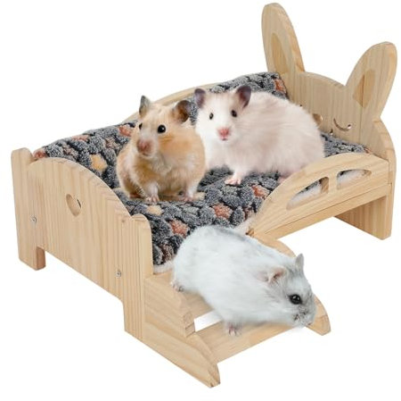 Meerschweinchen Hängematte Holz Mit Kaninchenbett, Versteck Mit Treppen, Fleece Plüschbett (1* Bett Holz+1* Zyanfarben Plüschbett)