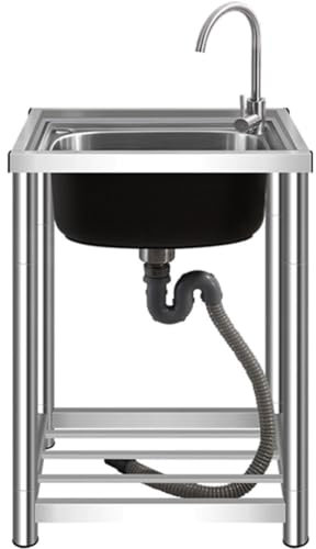 55 * 45 * 85cm Edelstahl Küchenspüle 1 Becken mit kalten und heißen Wasserhahn und Ablageflächen, Freistehende Spültisch Komplettes Set, für Küche, Waschküche, Garage