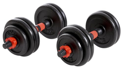 Train Hard® hantlar set om 2 gjutjärn 15 kg/20 kg/25 kg – hantelstång, vikter och stjärnlås räfflade 25 mm svart röd (C:25 kg)