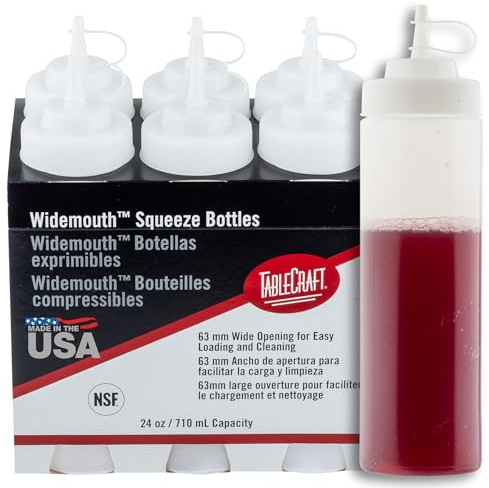 Tablecraft Plastic Condiment Squeeze Bottles, Cone-Tip Top, Tethered Cap, Commercial Foodservice Restaurant Use, Widemouth 63mm Empty Squirt Dispenser for Sauce, Food Prep, 24 oz, 237 mL, Clear, 6 Pc