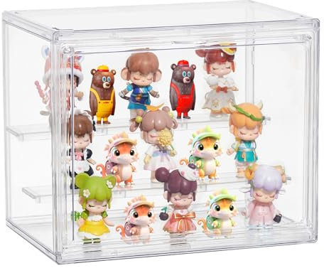 Acrylic Display Case,3 Layer Clear Display Case Adjustable Display Box Stand with 2 Movable Dividers Small Showcase Magnetic Door for Collections Mini Figures