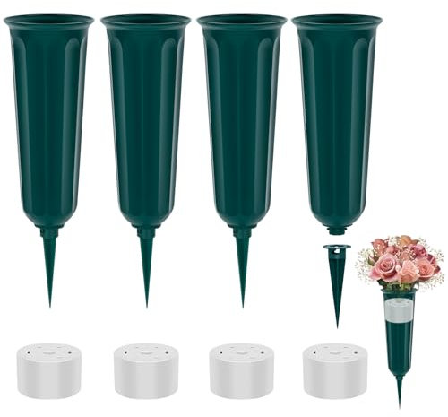 4PCS Vert Vase Cimetiere, Amovible Vases Funéraires en Plastique, Vases Funeraire pour Cimetière, Vase De Cimetière avec Pointe en Terre Décoration De Tombe