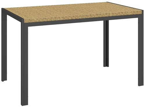 Outsunny Mesa de jardín rectangular, mesa de comedor para 4 en metal y tablero de resina tejida efecto ratán PE, dim. 120L x 70W x 72H cm beige