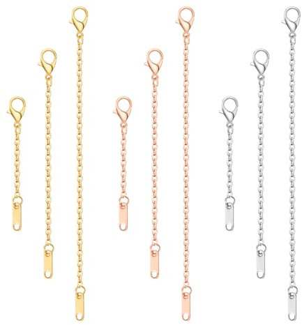 9-delat set kedjeförlängning roséguld förlängningskedja silver i guld silver och roséguld med karbinhakar, tre längder O-ringdesign för halsband, armband och gör-det-själv-smycken, breit, Rostfritt
