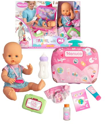Nenuco - Viaja Conmigo, Muñeco de 30 cm con Cuerpo Duro con Maleta Cambiador, Incluye Cinturón para Transporte Seguro y 6 Accesorios de Cuidado, +2 años, Famosa (NFNC9000)