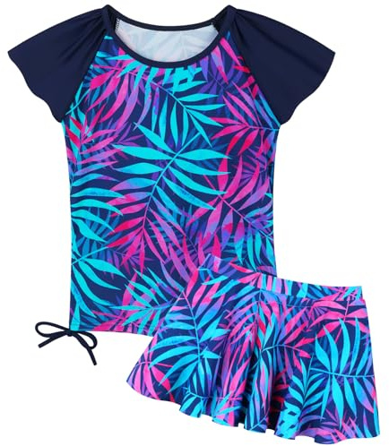 ZNYUNE Maillot de Bain Deux Pièces Imprimé Séchage Rapide pour Filles Maillots de Bain à Manches Courtes à Volants 2-14 Ans S520 NavyLeaves 10A