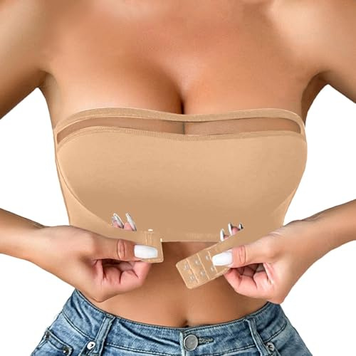 Soutien Gorge sans Bretelle Armature Grande Taille Dos-Nu Bra Top Support Sein Collant Soutien-Gorge Bretelles Rembourré Léger Invisible sous Vêtements Bandeau Transparent Push Up Caraco Femme Kaki-B
