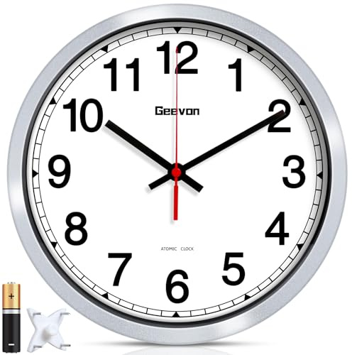 Geevon Orologio da parete atomico da 25,4 cm, orologio analogico con sincronizzazione automatica dell'ora, funzionamento a batteria, per casa, ufficio, scuola, cornice argentata
