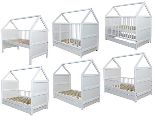 Micoland Babybett Kinderbett Juniorbett Bett Haus 140x70 cm optional mit Matratze und Schublade umbaubar massiv Weiss bis 6 Jahre (Bett mit Schublade)