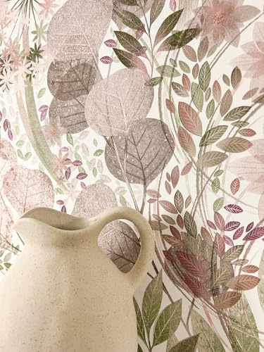 Newroom Papier Peint Intissé Rose Fleurs - Vintage Floral Aspect Naturel Feuilles pour Salon Chambre