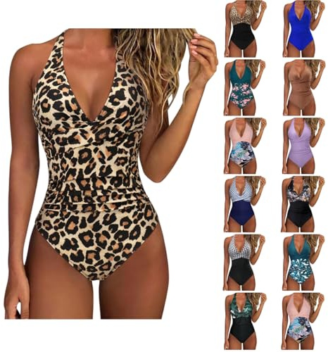 YGERGWE Swimming Costume Women Tummy Control, Swimming Costume Halter Neck V Neck Ruched Bathing Suit Ladies Slimming Monokini Beachwear for Holiday