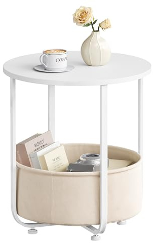 WOLTU Couchtisch rund, Kleiner Beistelltisch, mit abnehmbarem Stoffkorb | Metallrahmen,Weiß + Beige,einfache montage,bis 35 kg,für Kaffee und Laptop,für Wohnzimmer,Schlafzimmer ,Büro