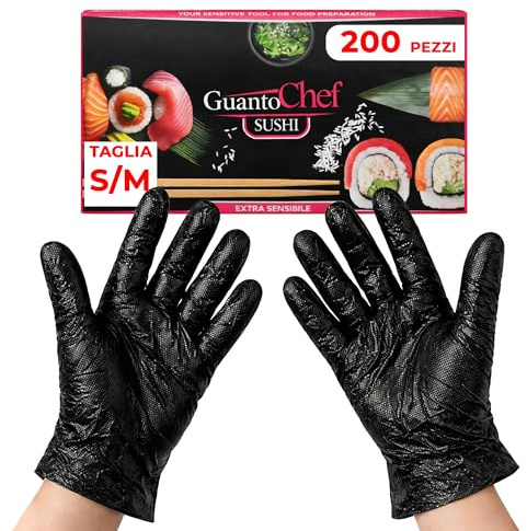 G.M. DISTRIBUZIONE GM 200 Guanti Sushi Extrasensibile Neri Taglia S/M, Senza Polvere e Lattice, Ipoallergenici, Guanti Monouso per Sushi, Manipolazione degli Alimenti
