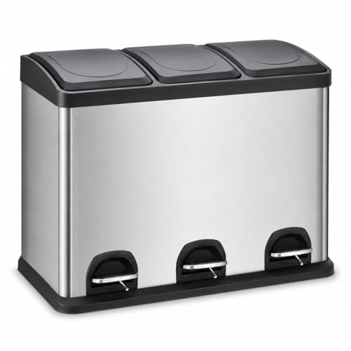 45L Triple Compartment Recycling Pedal Bin, Stainless Steel Waste Bin with 3 x 15L Removable Inner Buckets, Soft Close Lid, Hands Free Kitchen Rubbish Bin for Home (45L-Pedal-Bin-Stainless-Steel)