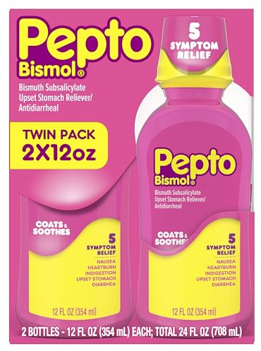 Pepto Bismol Liquid, Upset Stomach Relief, Nausea Relief, Heartburn Relief, Indigestion Relief, Anti Diarrhea Medication for Adults - 5 Symptom Fast Relief, 2x12 oz (Packaging May Vary)