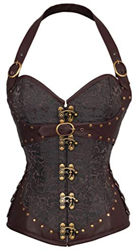 KUOSE Women's Faux leather Gothic Steampunk Basque Bustier Shapewear Spiral Steel Boned Corset Top