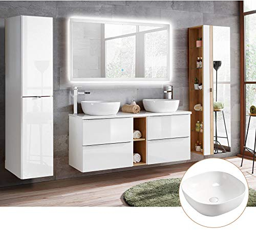Lomadox Badmöbel Komplett Set, Hochglanz weiß, Doppel-Waschtisch-Unterschrank mit Rehal, 2 Keramik Aufsatz-Waschbecken, 140cm LED-Spiegel mit Hintergrundbeleuchtung und 2 Hochschränke