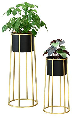 [en.casa] Pflanzständer im 2er Set Blumenständer aus Metall Blumentopf Ständer mit Übertopf Blumentopfhalter 2-TLG. Pflanztopf Deko Goldfarben-Schwarz runde Form