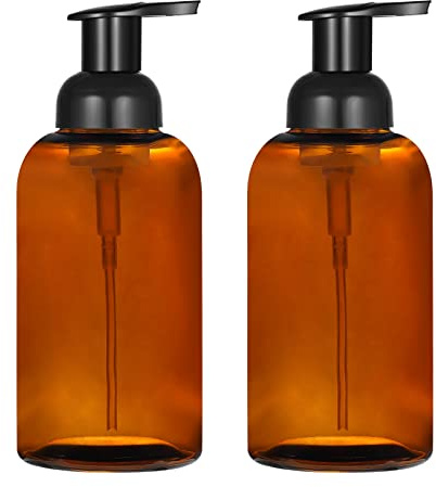 2 Pack Amber Glass Jar Soap Dispenser with Foaming Pump, 13 Ounce Amber Round Bottles Dispenser with Foaming Pump