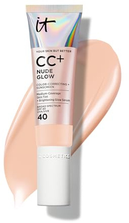 IT Cosmetics CC+ Nude Glow (Fair Light) - Medium Coverage Foundation with SPF 40 & Brightening Glow Serum, Lightweight Skin Tint, 2% Niacinamide + Hyaluronic Acid, Up to 24H Hydration - 1.08 fl oz