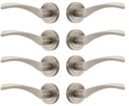 Designer Levers Marvel Lever on Rose Door Handles, Brushed Nickel, 4 Pairs | For interior doors; 4 pair; round design; necessary fixings for installation included.