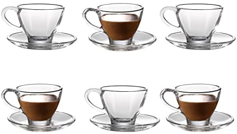 Royal Cuisine Set of 6 Heat Resistant Handled Black/Green Tea Cups Cappuccino/Coffee Latte Milk iced Coffee Glass Cups Great Gift (6PCS Cups and Saucers Set)