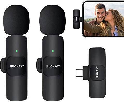 JIUOKAY Kabelloses Ansteckmikrofon für Samsung Galaxy Tab Handys, iPhone Mikrofon für Videoaufnahmen, Interview, Podcast, Vlog, Zoom, Facebook, TikTok (Schwarz-Android), 2 Stück