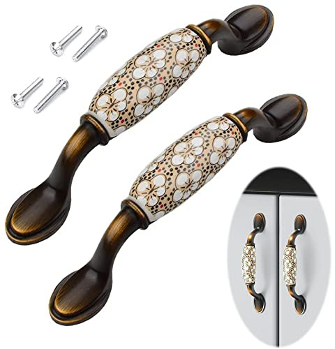 2 Stück Vintage Blumenmuster Schrankgriff Blumenmuster Türgriffe Keramik | Schrankgriffe,Schrank Schublade Stoßgriff mit Schrauben,für Küche Schublade Schränke Tür (144*40mm/Brown)
