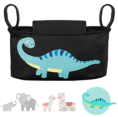 GLÜCKSWOLKE Borsa per Passeggino - 12 Motivi I Organizer per Carrozzina Neonato I Portaoggetti con Dispenser per Salviette I Universale Organizzatore Bambini Bambino I Motivo Dinosauro (colore nero)