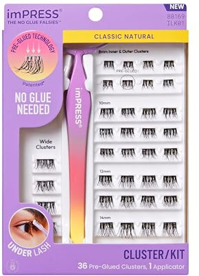Kiss Impress Falsies Self Adhesive Eyelashes, Press On Lashes, 12mm-14mm Natural Volume Lashes, Black, No Glue Needed, Invisible Band, 36 Lash Clusters & Non-Stick Applicator - Natural