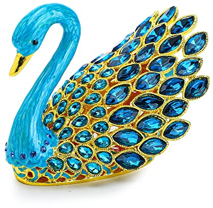 YU FENG Scatola portagioie smaltata con gemme blu cigno incernierata dipinta a mano per gioielli anello di stoccaggio scatola dei ricordi, statuetta animale da collezione bomboniera regalo