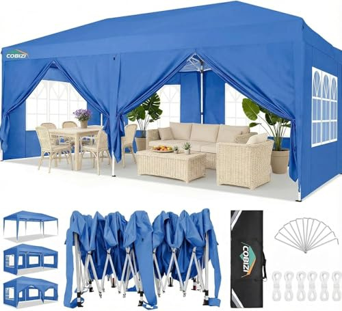 TOOLUCK Tonnelle 3x6m Tonnelle Pliante 3x6 Barnum Pliant Tonnelle de Jardin Exterieur Imperméable Professionnel Tente de Reception Camping avec 6 Côtés, Bleu