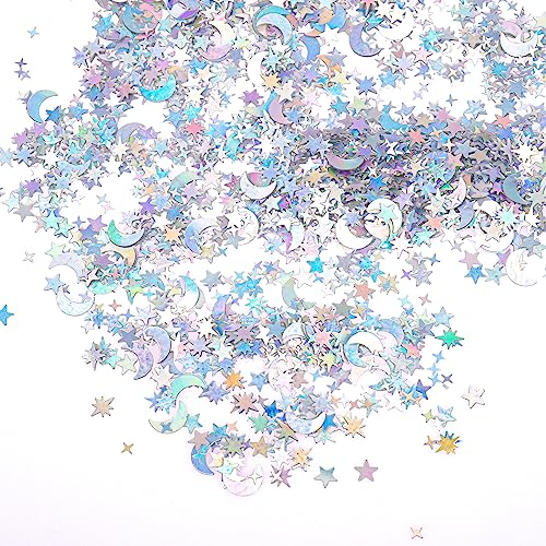 ENLACE Sterne Konfetti Geburtstag Deko,2000 Stück Glitzer Konfetti Pailletten Streudeko Geburtstag,Sterne Mond Confetti Silber Hochzeit Deko,Streudeko Tischdeko für Jubiläen,Partys,EID,Hochzeit,DIY