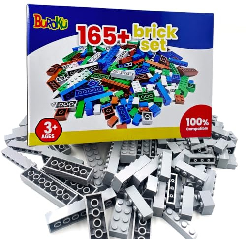 Buroku - Set di Costruzioni Grigio da 165 Pezzi | Mattoncini Giocattolo Compatibili con Tutte le Marche | Stimola Creatività e Immaginazione | Varie Dimensioni | Sicuro e Atossico | Mattoncini