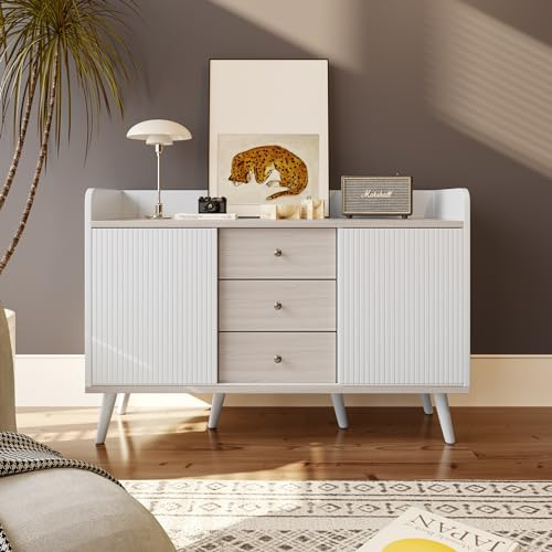 BTM Buffet de Cusine avec 3 tiroirs, Armoirede Rangement, Texture Délicate. Buffet Bois, Panneaux latéraux pour la Chambre et Le Salon, 40x118x80cm, Blanc