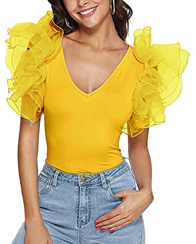Body da donna elegante in pizzo nero, a maniche corte, lingerie Lingerie Teddy, biancheria intima, sexy, top da notte, body a maniche corte, maglietta slim da donna, con scollo a V, 04-giallo, S