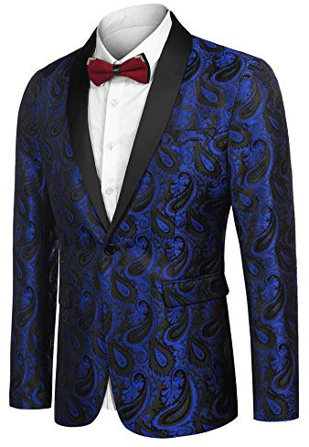 COOFANDY Blazer casual da uomo, giacca in cachemire, abito retrò in jacquard con stampa floreale, smoking con un bottone, cappotti eleganti, giacca elegante per la cena, A Blu, XL