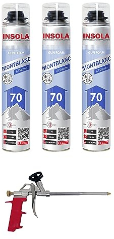 Mousse expansive pistolable Montblanc Toutes Saisons INSOLA - Aérosol de 870 ml - Pour l' Isolation Thermique et Phonique - Lot de 3 bombes (3 + 1 Pistolet)