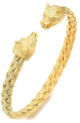 Ockyunoo Tête de Loup Bracelet Torsadé pour Hommes - Bracelet Jonc de Style Ancien Dragon, Réglable, Inoxydable, pour les Poignets Assortis (Or)