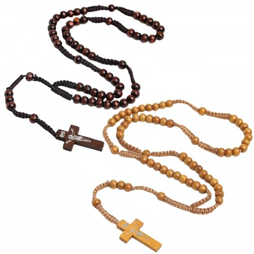 Kuesn 2 Pcs Wooden Beads Rosary Necklaces Handmade Rosaries Wood Rosary Necklaces Beads Christ Jesus Imprint Cross Religious Accessories Christian (Coffee and Dark Coffee)